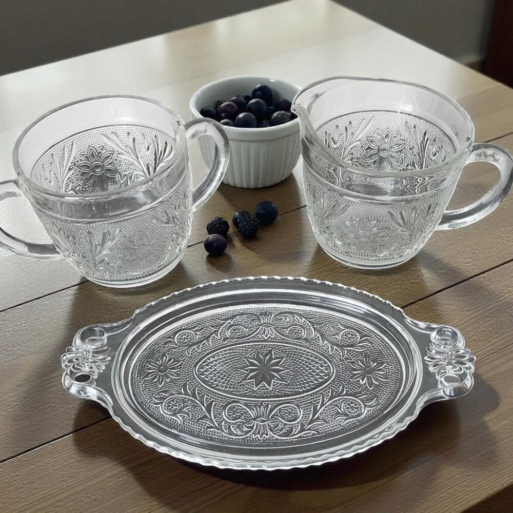 RARE 50's Anchor Hocking Sugar & Creamer/40's Duncan Miller Glass Tray